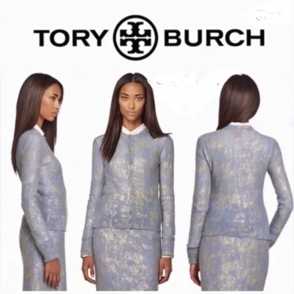 Tory Burch metallic blue/gray gold shimmer button up cardigan sweater xs RARE